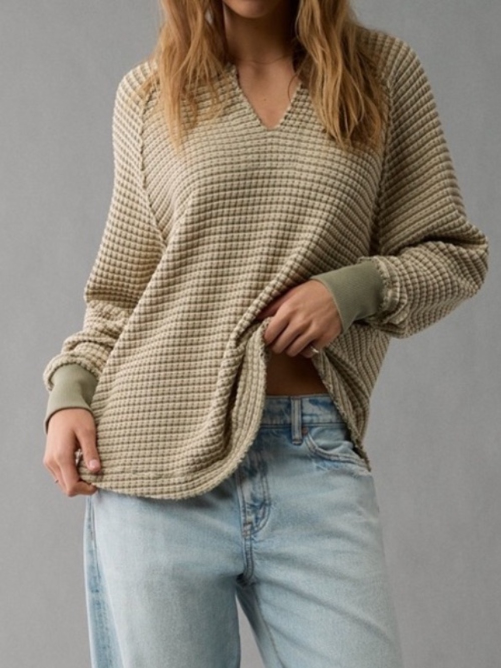 AMERICAN EAGLE AE Big Hug Notch Neck Waffle Sweatshirt